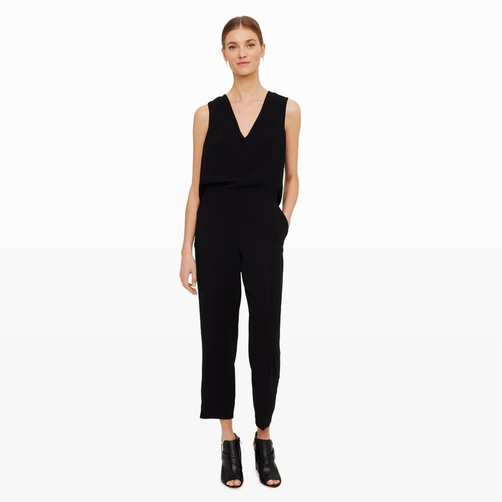 Club Monaco Black Sleeveless V-Neck Tailored Jumpsuit - Cropped Leg